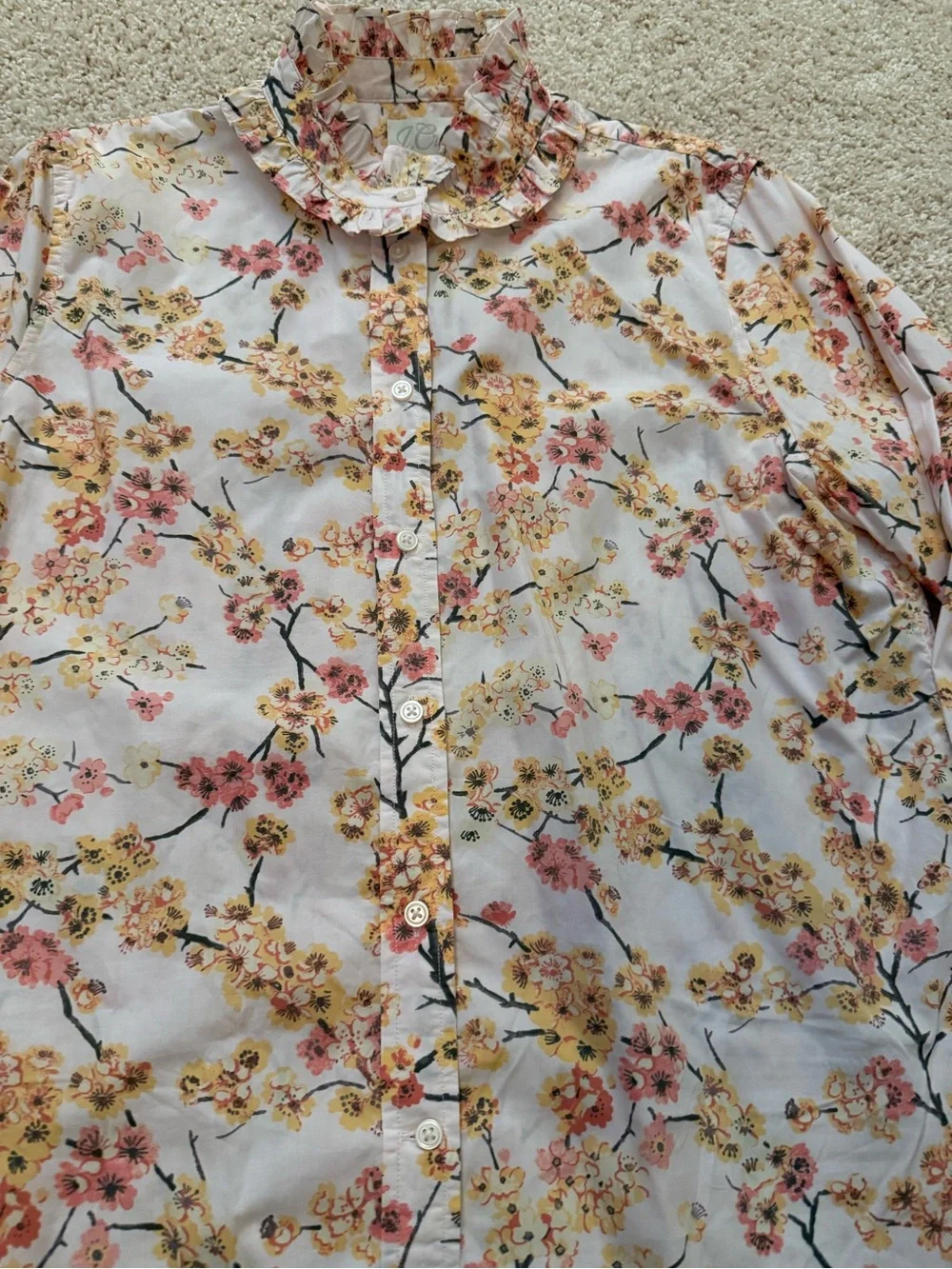 J. CrewFloral Ruffle Collar Button Down Blouse - with Pink & Yellow Floral